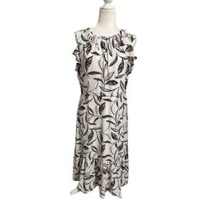 Liz Claiborne Womens Ruffled Tiered Midi Dress Tropical Leaf Black White Size 12